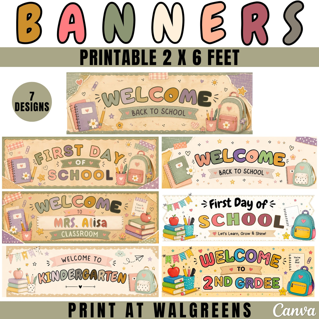 16 Back to School Classroom Decor Printable, Back to School Banners Bundle, First Day Teacher Door, Walgreens 2x6 Canva Editable Banners