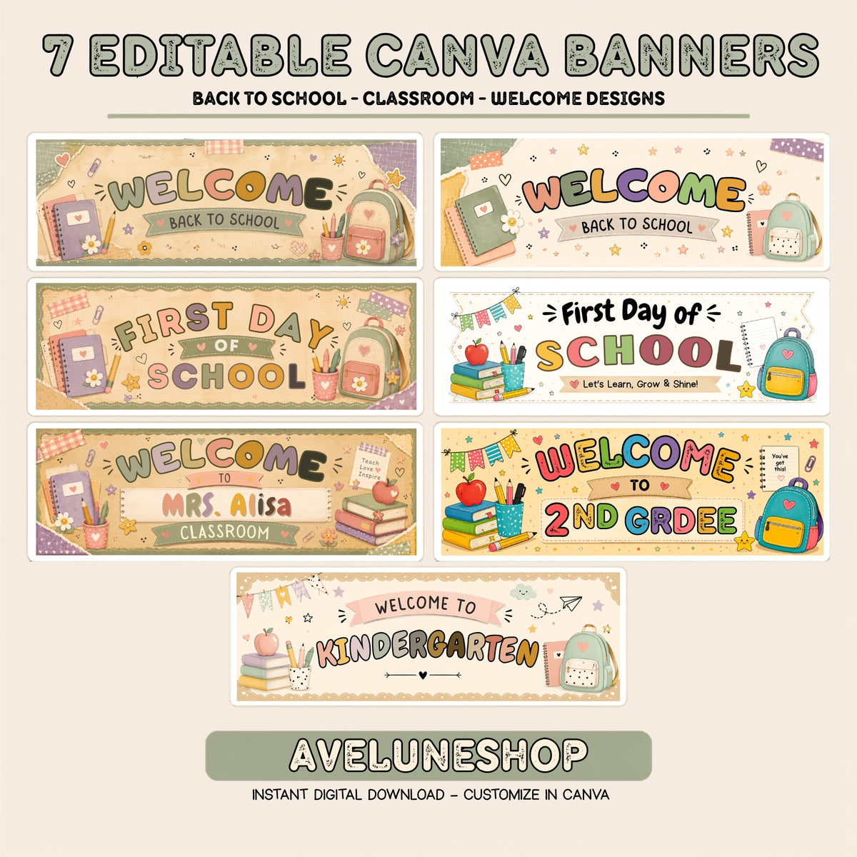 16 Back to School Classroom Decor Printable, Back to School Banners Bundle, First Day Teacher Door, Walgreens 2x6 Canva Editable Banners
